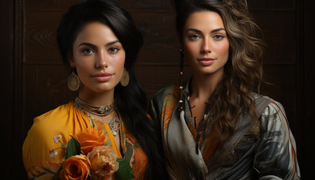 Two young women, one blonde and one brunette, smiling at camera generated by artificial intelligenceの素材