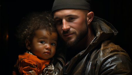 A smiling father and his cute son, a portrait of happiness generated by artificial intelligenceの素材