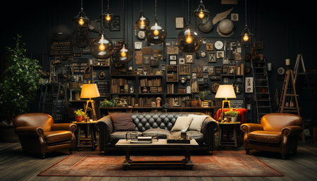 Comfortable sofa, elegant armchair, illuminated table, modern lamp, cozy pillow generated by artificial intelligenceの素材