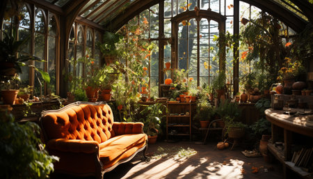 Indoors, nature plant flowers through the window architecture, green leaf generated by artificial intelligenceの素材