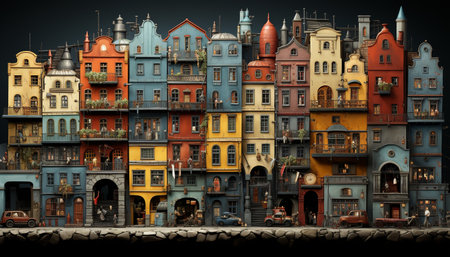 Vibrant city lights illuminate the famous architectural skyline at night generated by artificial intelligenceの素材