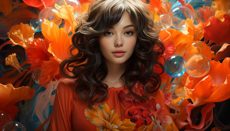A beautiful woman with curly hair, smiling, surrounded by flowers generated by artificial intelligenceの素材