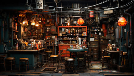 Inside the modern pub, a collection of old fashioned bar stools generated by artificial intelligenceの素材