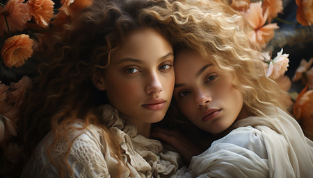 Two cute girls, one with curly hair, smiling and embracing generated by artificial intelligenceの素材
