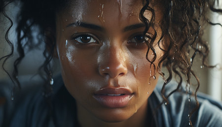African woman, wet hair, smiling, looking at camera, indoors generated by artificial intelligenceの素材