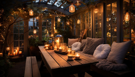 Comfortable modern home interior with elegant candlelight and cozy lighting generated by artificial intelligenceの素材