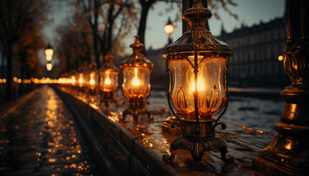 Lanterns illuminate old architecture, reflecting history and tranquil city life generated by artificial intelligenceの素材