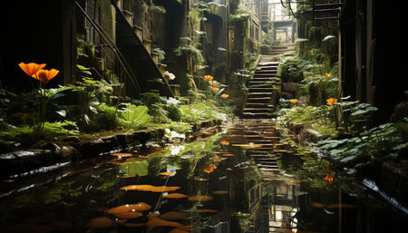 Tranquil scene vibrant green leaves reflect in the peaceful pond generated by artificial intelligenceの素材