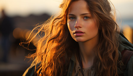 Young woman with long brown hair, smiling, looking at camera generated by artificial intelligenceの素材