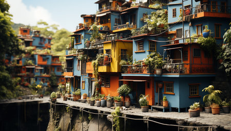 Old fashioned building exterior with balcony, surrounded by green plants and flowers generated by artificial intelligenceの素材