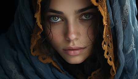 Beautiful woman with brown hair, looking at camera, exuding elegance generated by artificial intelligenceの素材