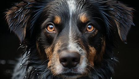 Cute puppy sitting, wet fur, looking at camera, loyal friend generated by artificial intelligenceの素材