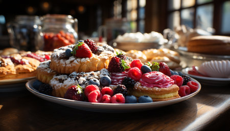 Freshness and sweetness on a wooden table, homemade berry dessert generated by artificial intelligenceの素材