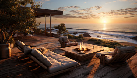 Sunset over a tranquil landscape, relaxation on a comfortable chair generated by artificial intelligenceの素材