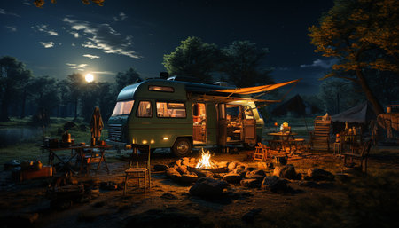 Camping in nature, night flame ignites car campfire for heat generated by artificial intelligenceの素材