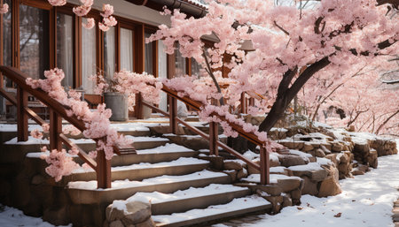 Pink cherry blossoms bloom in snowy winter, refreshing nature beauty generated by artificial intelligenceの素材