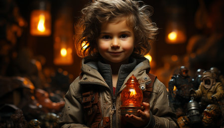 Smiling child, night, happiness, winter, flame, celebration, boys, cheerful, cute generated by artificial intelligenceの素材