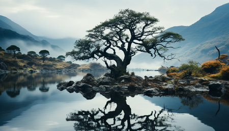 Tranquil scene nature beauty reflected in autumn tranquil waters generated by artificial intelligenceの素材