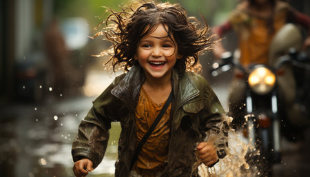 A cheerful girl, with curly brown hair, smiling in the rain generated by artificial intelligenceの素材