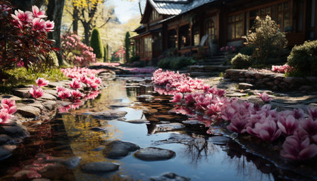 Tranquil scene Pink tulip blossoms reflect in serene pond water generated by artificial intelligenceの素材