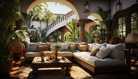Comfortable sofa in a modern, elegant living room with natural decor generated by artificial intelligenceの素材