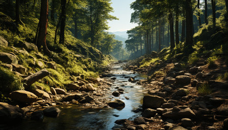 Tranquil scene of a mountain range, flowing water, and green foliage generated by artificial intelligenceの素材