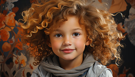 Smiling portrait of a cute child with curly hair looking at camera generated by artificial intelligenceの素材