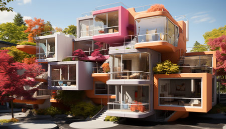 Modern architecture blends with nature in a vibrant residential district generated by artificial intelligenceの素材