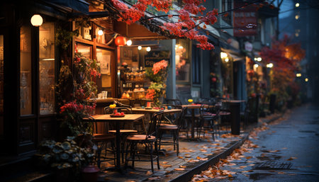 A rustic coffee shop illuminated by lanterns, serving food and drink generated by artificial intelligenceの素材