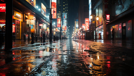 Night city life, rain drenched streets, illuminated skyscrapers, bustling traffic generated by artificial intelligenceの素材