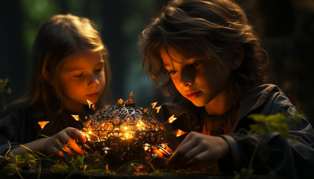 Childhood joy two cute girls playing, blowing candle flame together generated by artificial intelligenceの素材