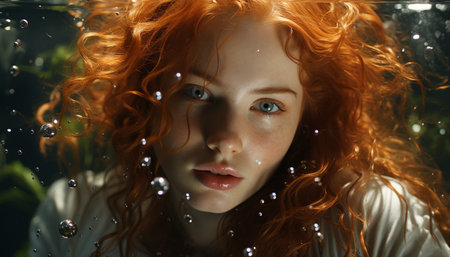 Young woman with curly brown hair, looking at camera, smiling generated by artificial intelligenceの素材