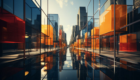 A vibrant cityscape of modern skyscrapers reflects a futuristic architecture generated by artificial intelligenceの素材