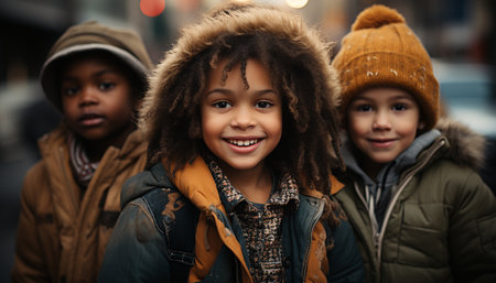 Smiling children, cheerful and playful, bonding in nature warm embrace generated by artificial intelligenceの素材