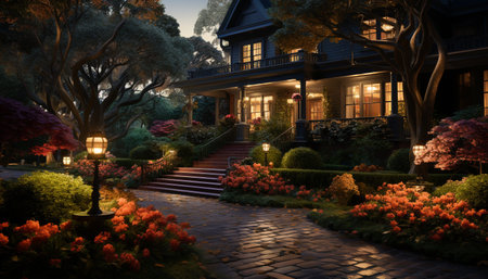 Night illuminates nature beauty, architecture, and city life relaxation generated by artificial intelligenceの素材