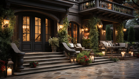 Illuminated architecture, modern luxury, comfortable winter, relaxation in nature generated by artificial intelligenceの素材