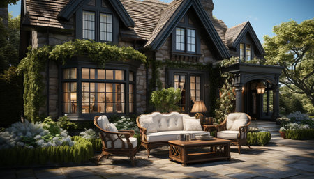 Modern chair on a comfortable porch, surrounded by nature elegance generated by artificial intelligenceの素材