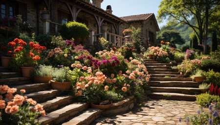 Beauty in nature blossoms with fresh pink tulips in summer generated by artificial intelligenceの素材