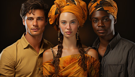 Young women and men looking at camera, exuding confidence and elegance generated by artificial intelligenceの素材