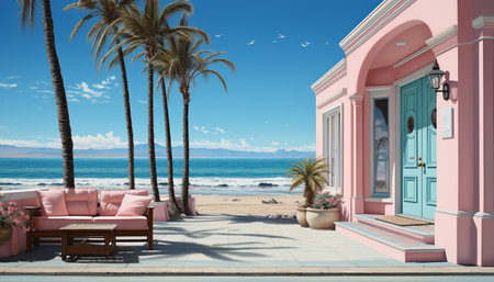 Tropical vacations summer travel, relaxation on palm fringed beaches generated by artificial intelligenceの素材