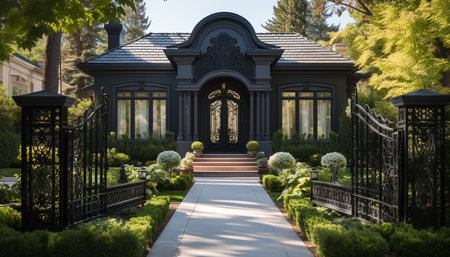 Green grass, tree, fence, footpath, flowers, luxury home, porch, window, sunlight generated by artificial intelligenceの素材