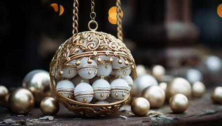 Wooden ball ornament, a shiny gold souvenir of Christmas tradition generated by artificial intelligenceの素材