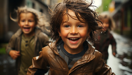 Smiling child, cheerful boys and girls playing, joyful family bonding generated by artificial intelligenceの素材