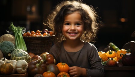 Smiling child holds pumpkin, celebrating Halloween with cute autumn decorations generated by artificial intelligenceの素材
