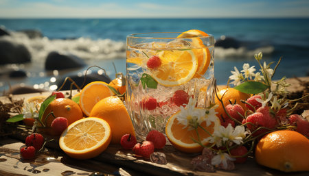 Freshness of summer juicy citrus fruit, refreshing drink, nature bounty generated by artificial intelligenceの素材
