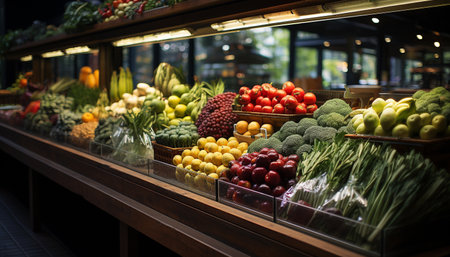 Freshness and variety of fruits and vegetables in a supermarket generated by artificial intelligenceの素材