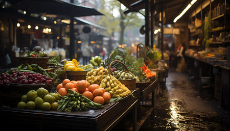 Freshness and abundance of organic fruits and vegetables in supermarket generated by artificial intelligenceの素材