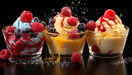 Raspberry dessert, gourmet berry parfait, fresh summer snack, healthy indulgence generated by artificial intelligenceの素材