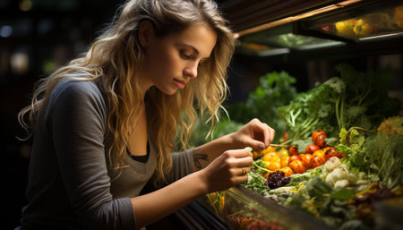 A woman choosing fresh organic vegetables for a healthy lifestyle generated by artificial intelligenceの素材