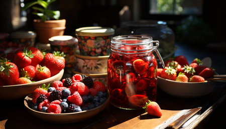 Freshness and sweetness in a bowl of organic berry dessert generated by artificial intelligenceの素材